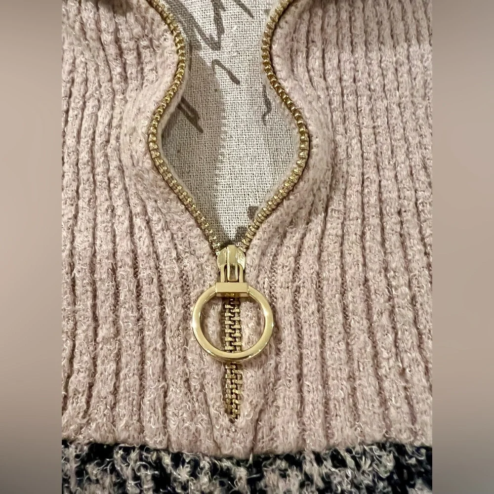 Rachel Zoe Quarter Zip Small Collared Sweater Tan Black - Picture 5 of 13